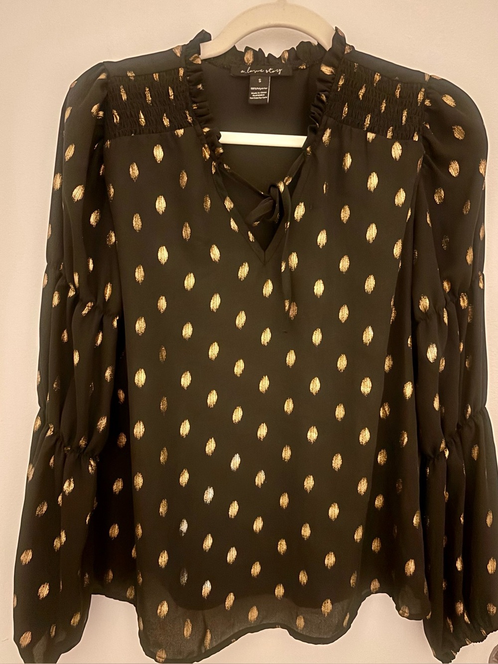 a new day Black Blouse with Metallic Gold Dot Tie-Neck